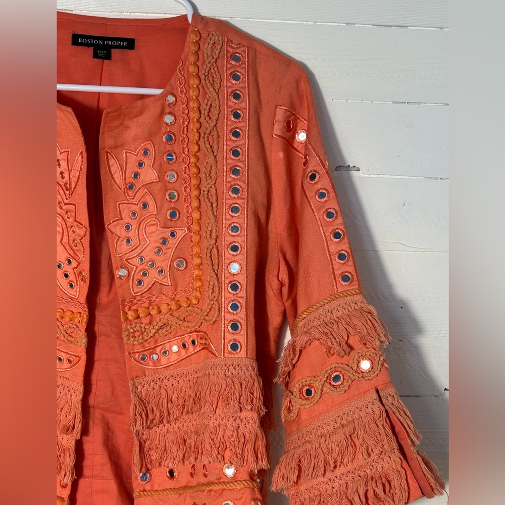 Boston Proper coral/orange jacket, reflective dots, fringe, unique. Womens S. - Picture 5 of 8